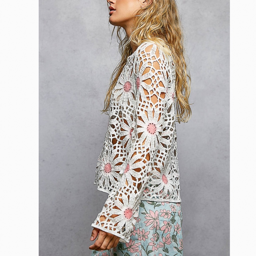 POL White Crochet Floral Knit Sweater with Pink Accents - Picture 4 of 8